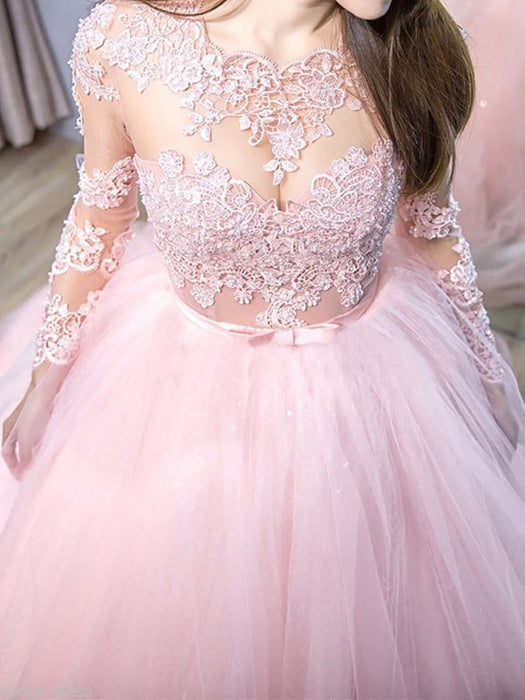 Round Neck Long Sleeves Pink Lace Long Prom Dresses, Long Sleeves Pink Formal Evening Dresses, Pink Lace Ball Gown 