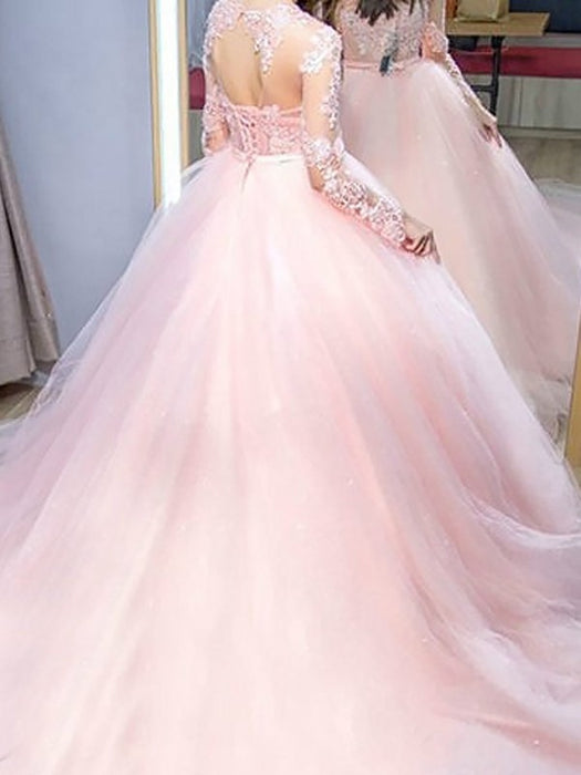 Round Neck Long Sleeves Pink Lace Long Prom Dresses, Long Sleeves Pink Formal Evening Dresses, Pink Lace Ball Gown 