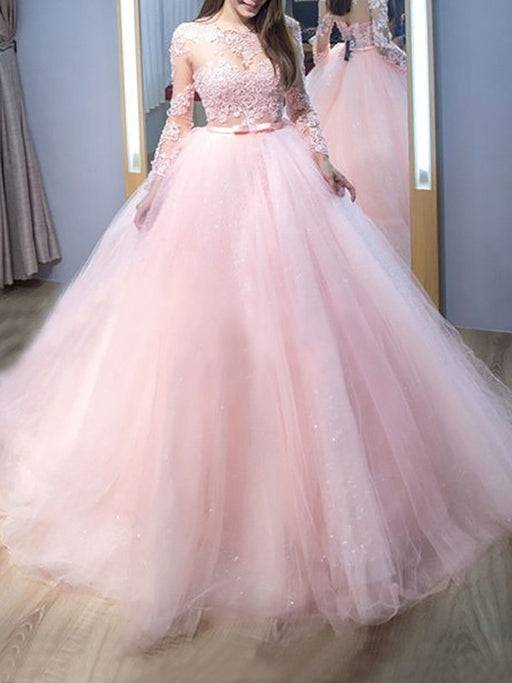 Round Neck Long Sleeves Pink Lace Long Prom Dresses, Long Sleeves Pink Formal Evening Dresses, Pink Lace Ball Gown 