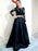 Round Neck Long Sleeves Two Pieces Black Lace Long Prom Dresses, 2 Pieces Black Lace Formal Graduation Evening Dresses