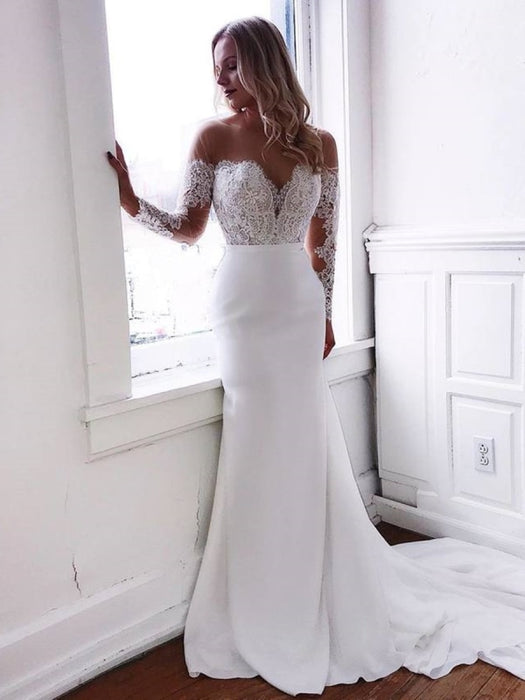 Round Neck Mermaid Lace Top White Long Prom Wedding Dresses with Train, Mermaid White Lace Formal Dresses, Mermaid White Evening Dresses