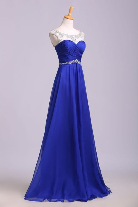 Royal Blue Floor Length Chiffon Prom Rhinestone Belt Evening Dress with Pleats - Prom Dresses