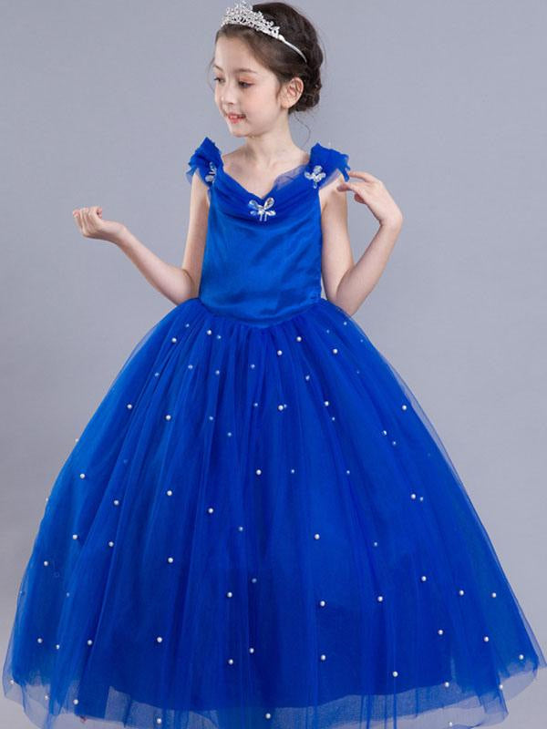 Royal Blue Flower Girl Dress Princess Beaded Little Kids Pageant Party ...