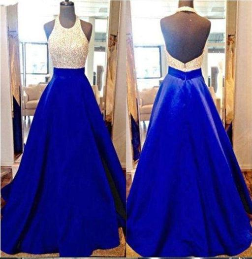 Royal Blue Halter Sleeveless Sparkly Long Prom Dresses with Beading Backless Formal Dress - Prom Dresses