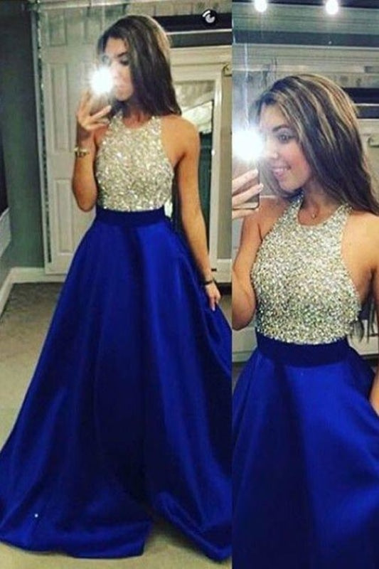 Royal Blue Halter Cheap Long Red Prom Dresses 2021 - Bridelily