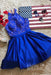 Royal Blue High Neck Satin Short Homecoming with Lace Top Cute Prom Dress - Prom Dresses