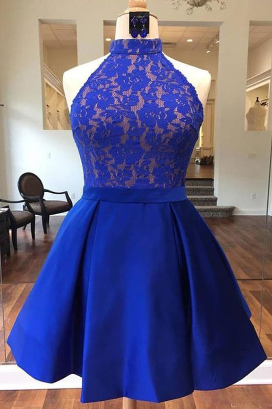 Royal Blue High Neck Satin Short Homecoming with Lace Top Cute Prom Dress - Prom Dresses