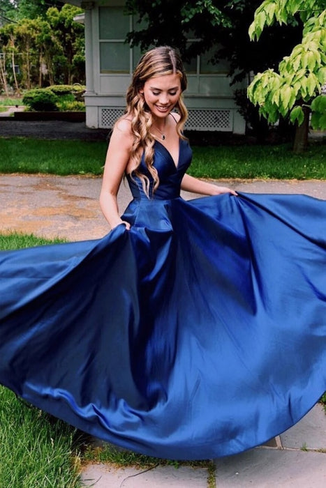 Royal Blue Simple V Neck Satin Prom A Line Spaghetti Straps Long Evening Dress - Prom Dresses