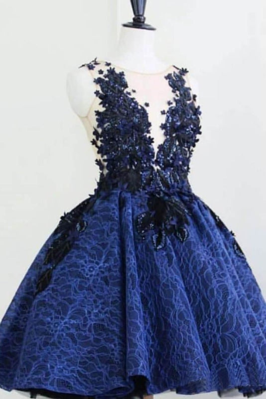 Royal Blue Sleeveless Lace Homecoming A Line Short Graduation Dress with Appliques - Prom Dresses