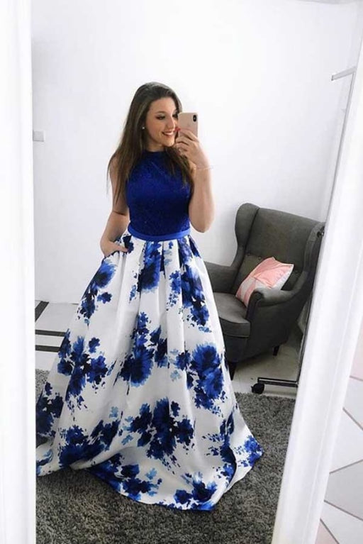 Royal Blue Sleeveless Prom Dress A Line Floral Long Satin Evening Dresses - Prom Dresses