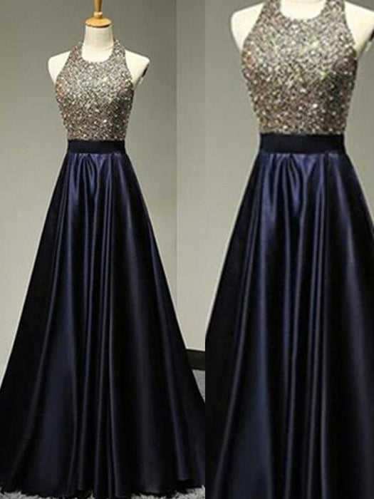 Satin Halter Sleeveless A-line Floor-Length With Beading Dresses - Prom Dresses