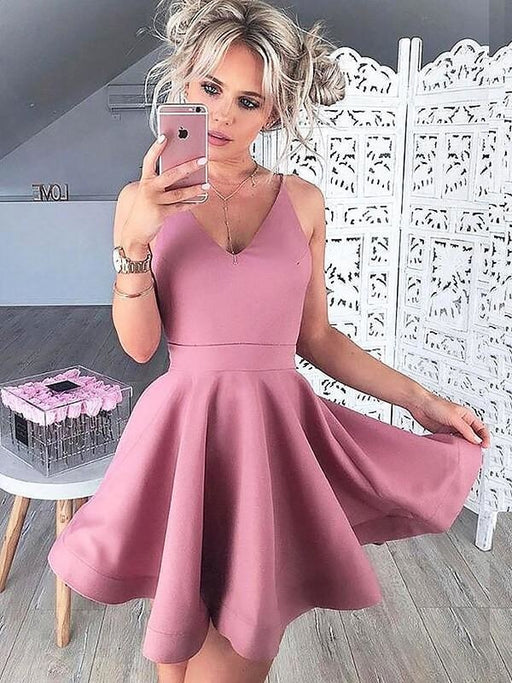 Satin V-neck Sleeveless A-line Short/Mini With Ruffles Prom Dresses - Prom Dresses