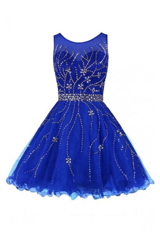 Scoop Royal Blue Tulle Cute Short Prom Dresses 2021 - Bridelily