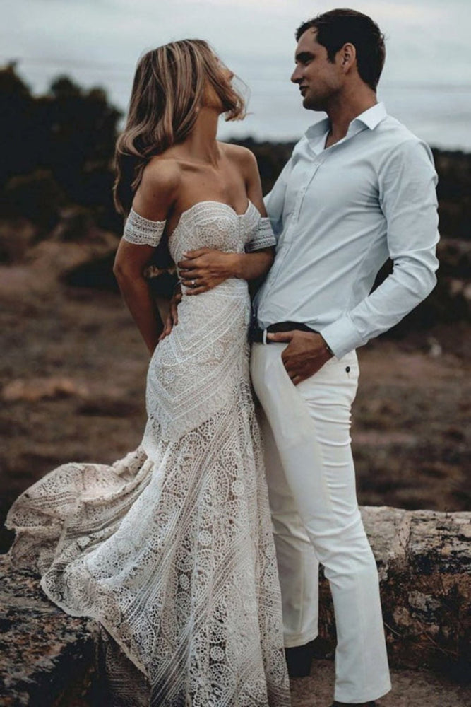 SD0369 Ivory Lace Beach Wedding Dresses Sweetheart Neck Rustic Boho Wedding Dresses - wedding dresses