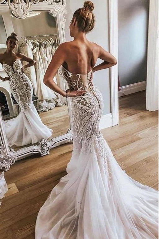 Sexy Luxury Halter Lace Sweetheart Mermaid With Long Train Wedding Dre –  SposaBridal