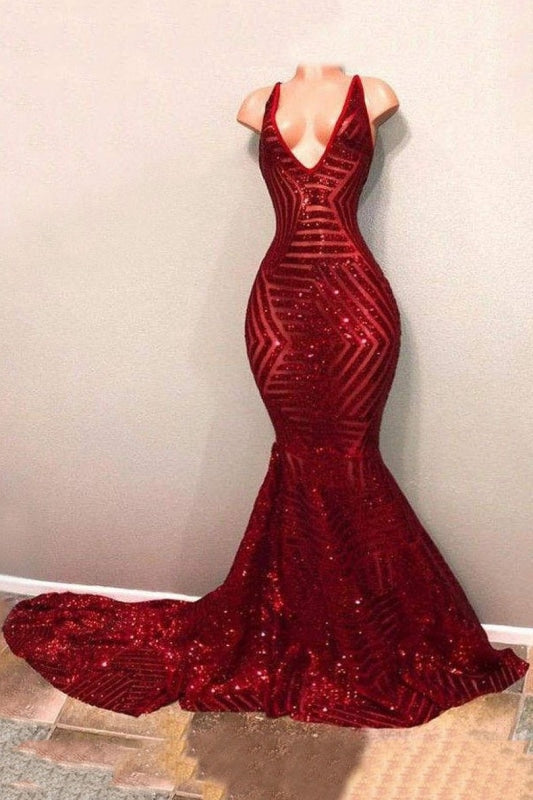Shimmering Red Sequin Mermaid Prom Dress with Plunging V-Neck and High –  vigocouture