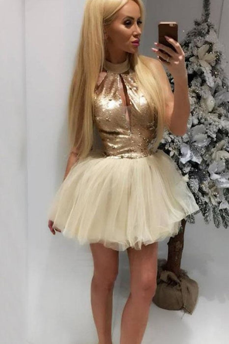 Sexy A-Line High Neck Short Tulle Homecoming Cocktail Dress with Keyhole without Belt - Prom Dresses