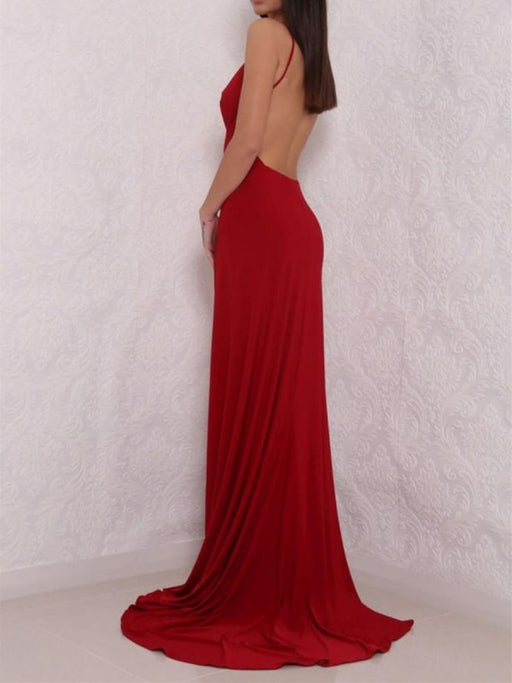 Sexy A Line V Neck Backless Burgundy Long Prom Dresses with High Slit, Burgundy Backless Formal Dresses, Burgundy Evening Dresses