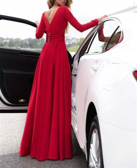 Sexy Green Deep V Neck Long Sleeves Floor-length Prom Dresses Leg Split Evening Gowns - Prom Dresses