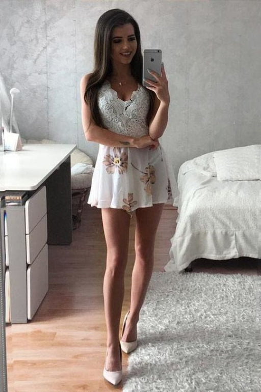 Sexy Mini Graduation Sleeveless Floral Homecoming Dress with Lace Top - Prom Dresses