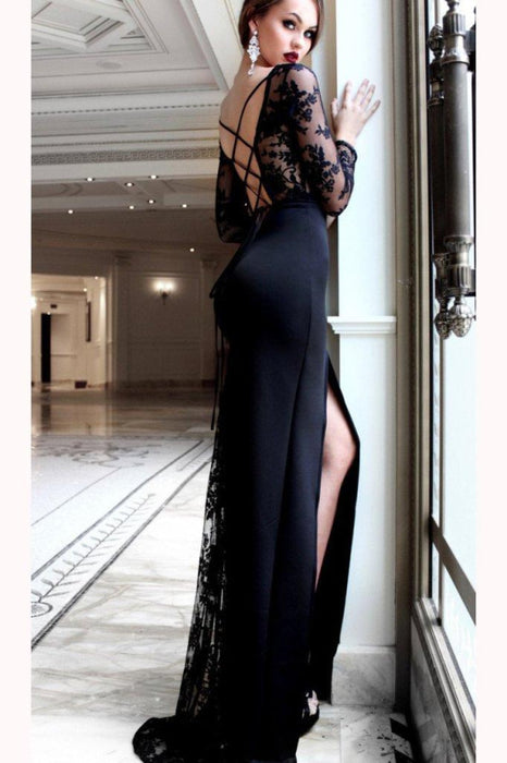 Sexy Sleeve Split Lace Prom Side Slit Long Evening Dress - Prom Dresses