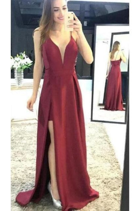 Sexy Sleeveless Split Prom Dress Deep V Neck Ruched Long Evening Dresses - Prom Dresses