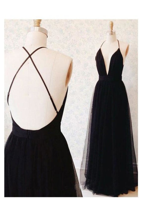 Sexy Spaghetti Straps Deep V-neck Sleeveless Black Tulle Prom Party Dress - Prom Dresses