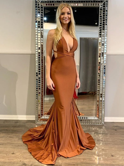 Sexy V Neck Backless Mermaid Clay Satin Long Prom Dresses, Mermaid Clay Formal Dresses, Clay Evening Dresses