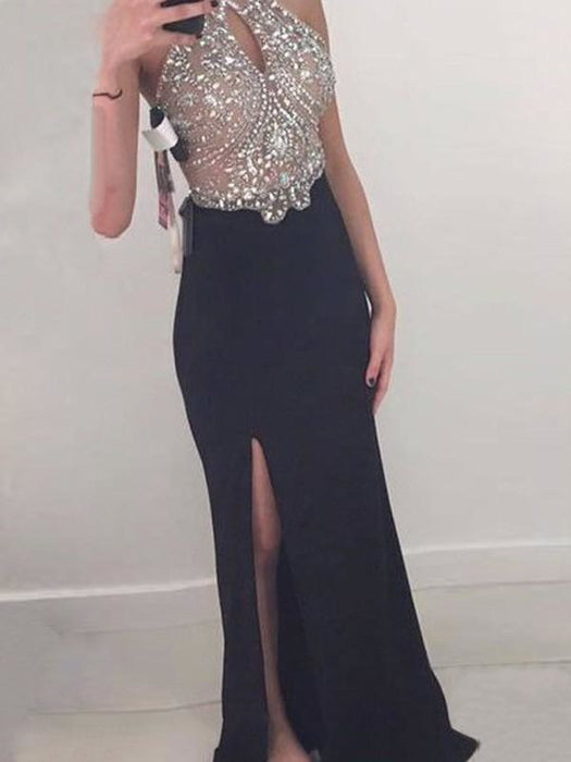 Sheath Jersey Halter Sleeveless Floor-Length With Beading Dresses - Prom Dresses