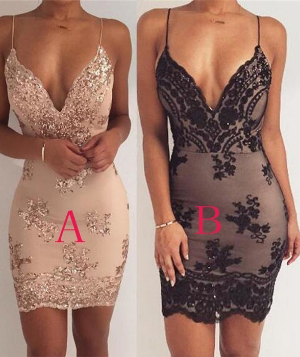 Sheath Spaghetti Straps V-neck Sleeveless Sparkly Homecoming Dress Party Dresses - Prom Dresses