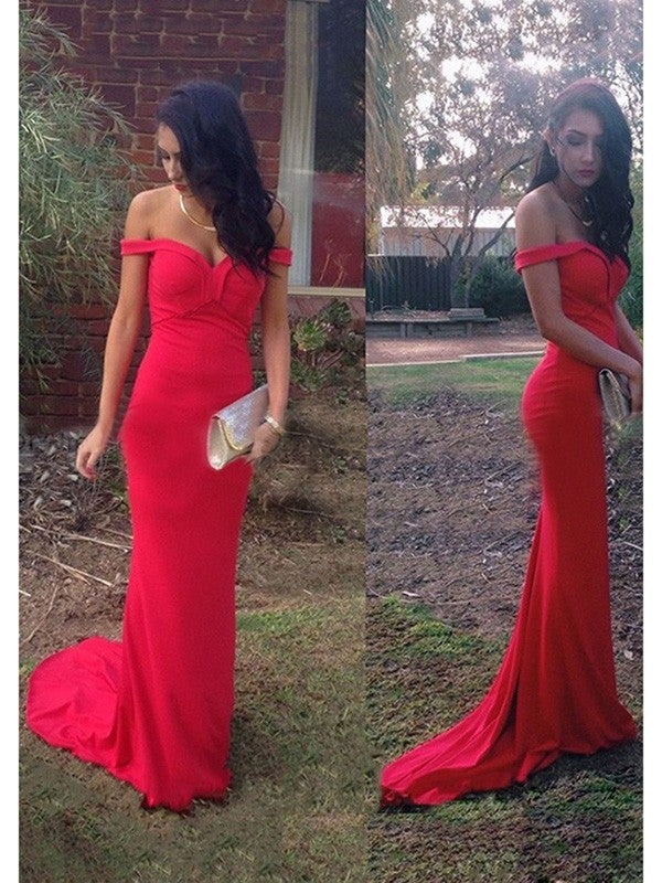 Sheath/Column Off-the-Shoulder Sleeveless Jersey Sweep/Brush Train Dresses - Prom Dresses