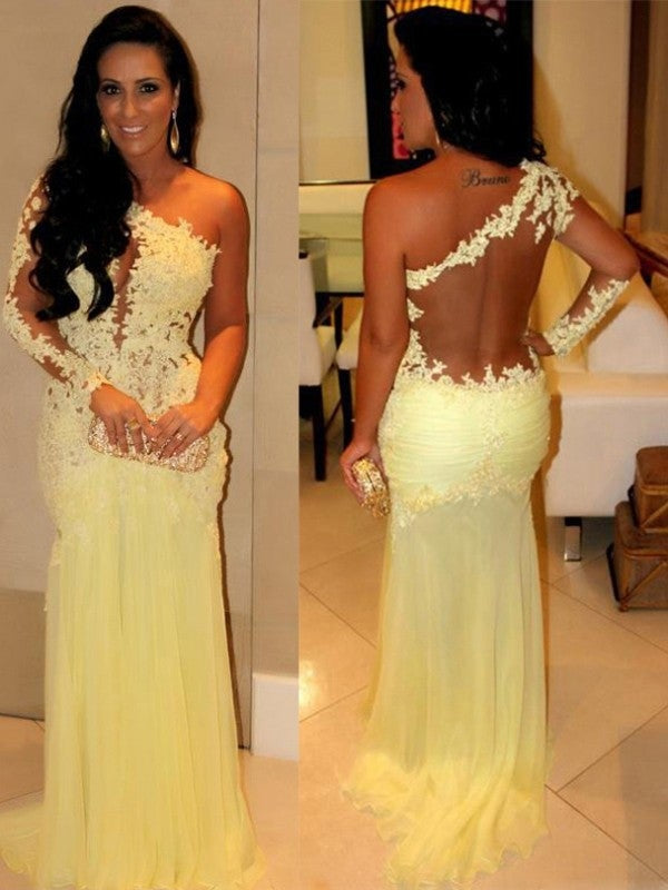 Sheath/Column One-Shoulder Applique Long Sleeves Sweep/Brush Train Chiffon Dresses - Prom Dresses