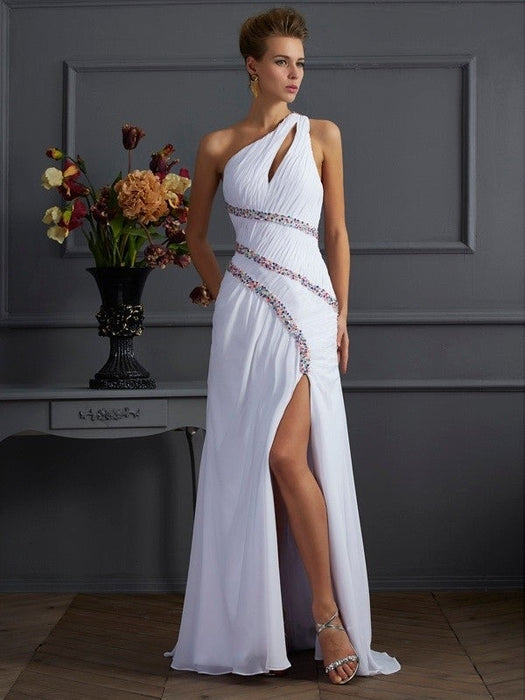 Sheath/Column One-Shoulder Sleeveless Beading Long Chiffon Dresses - Prom Dresses