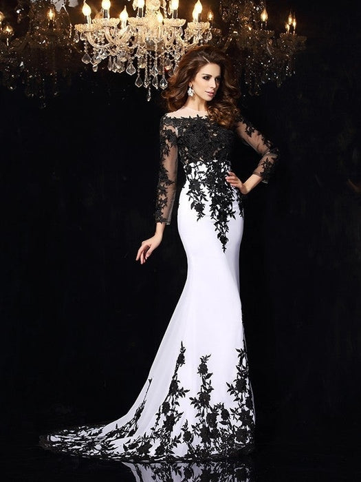 Sheath/Column Scoop Lace Long Sleeves Long Chiffon Dresses - Prom Dresses