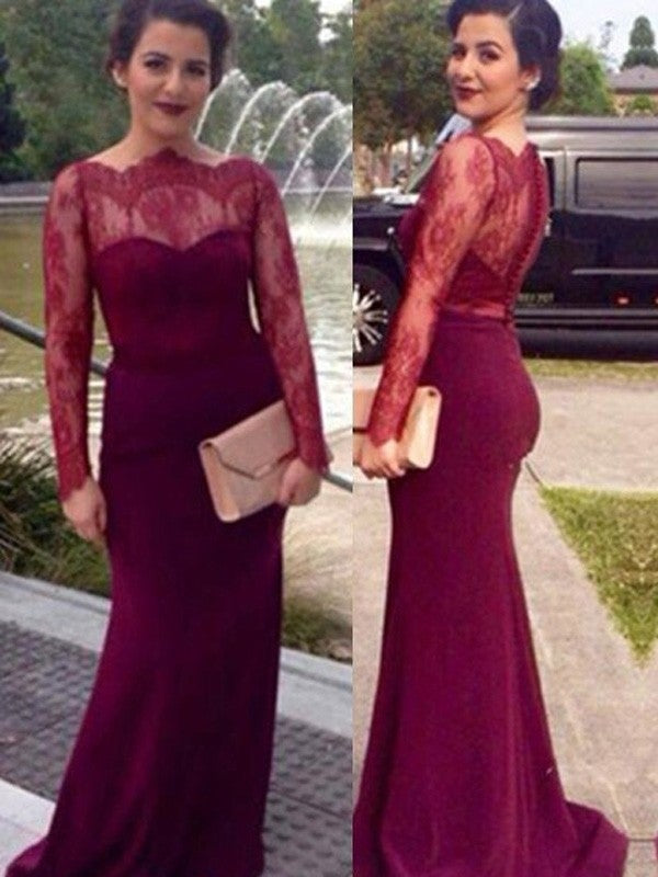 Sheath/Column Scoop Long Sleeves Lace Floor-Length Chiffon Dresses - Prom Dresses