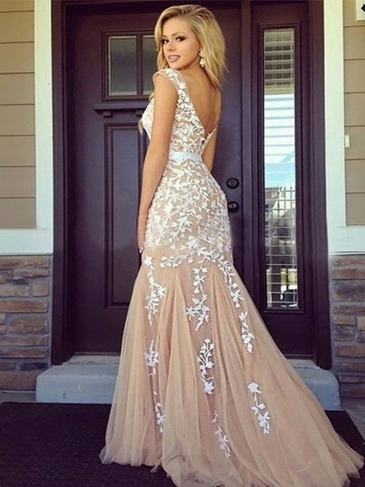 Sheath/Column Sleeveless Bateau Tulle Applique Floor-Length Dresses - Prom Dresses