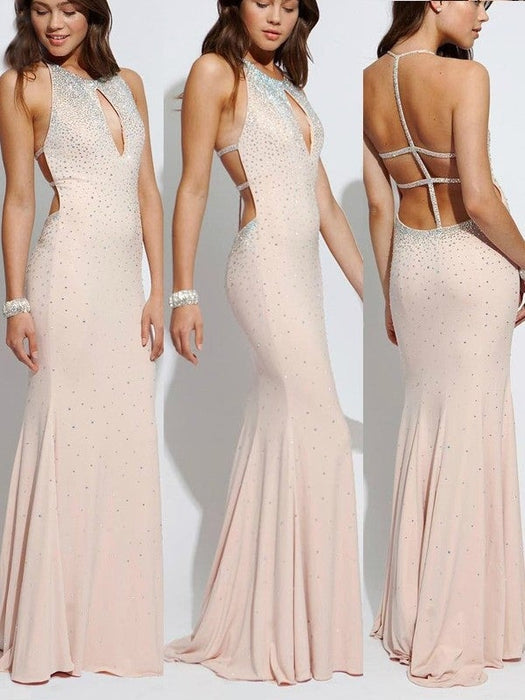 Sheath/Column Sleeveless Halter Sweep/Brush Train Beading Jersey Dresses - Prom Dresses