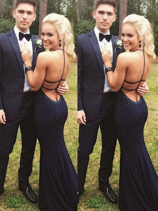 Sheath/Column Sleeveless Halter Sweep/Brush Train Beading Jersey Dresses - Prom Dresses