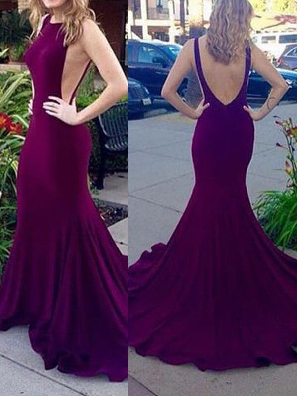 Sheath/Column Sleeveless Scoop Jersey Sweep/Brush Train Dresses - Prom Dresses