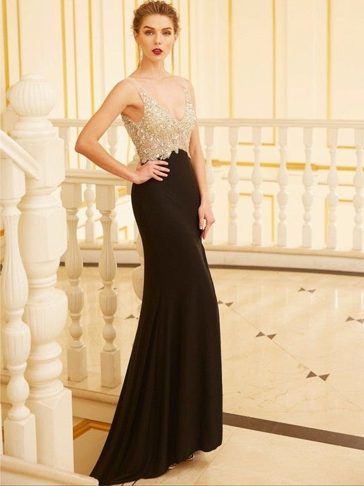 Sheath/Column V-neck Beading Sleeveless Sweep/Brush Train Spandex Dresses - Prom Dresses