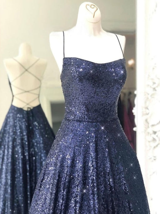 Shiny A Line Open Back Navy Blue Long Prom Dresses, y Backless Navy Blue Formal Evening Dresses