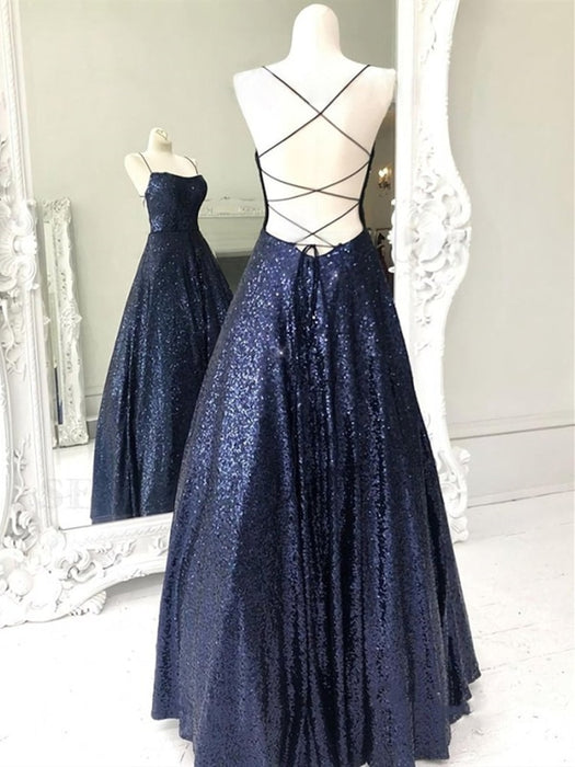 Shiny A Line Open Back Navy Blue Long Prom Dresses, y Backless Navy Blue Formal Evening Dresses