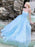 Shiny A Line Thin Straps Backless Blue Long Prom Dresses, Open Back Light Blue Formal Evening Dresses