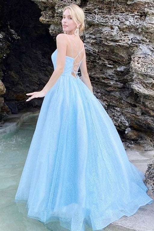 Shiny A Line Thin Straps Backless Blue Long Prom Dresses, Open Back Light Blue Formal Evening Dresses