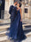 Shiny A Line V Neck and V Back Navy Blue Long Prom Dresses, y V Neck Backless Navy Blue Formal Graduation Evening Dresses