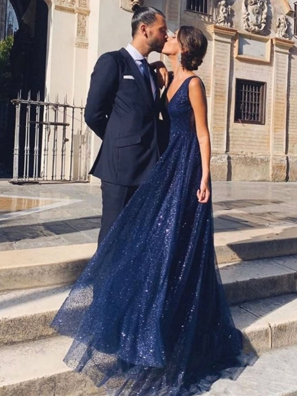 Shiny A Line V Neck and V Back Navy Blue Long Prom Dresses, y V Neck Backless Navy Blue Formal Graduation Evening Dresses