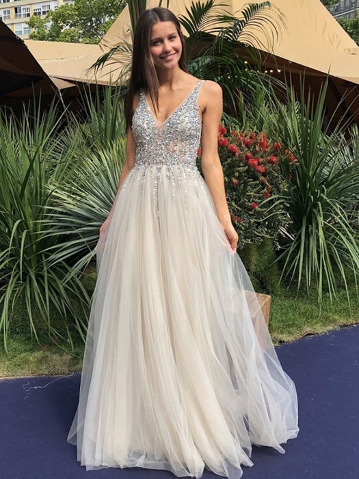 Shiny A Line V Neck Backless Sequins Gray Long Prom Dresses 2020, y Open Back Sequins Grey Formal Graduation Evening Dresses