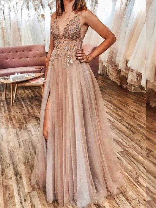 Shiny A Line V Neck Champagne Beaded Long Prom Dresses, Champagne Long Formal Evening Dresses with Beadings