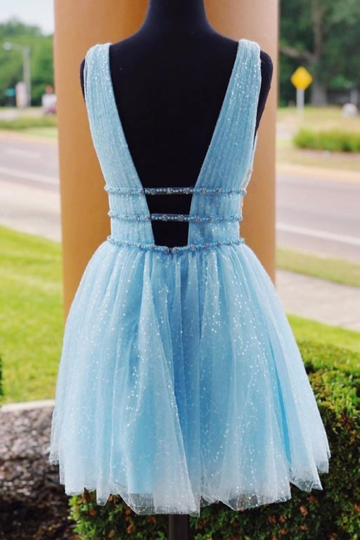 Shiny Beading Sky Blue Homecoming with Sequins Deep V Neck Graduation Dress - Prom Dresses