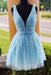 Shiny Beading Sky Blue Homecoming with Sequins Deep V Neck Graduation Dress - Prom Dresses